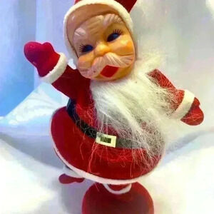 Vintage Christmas dancing waving Santa Claus red flocked decor 9 inches